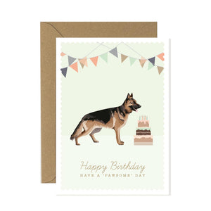 German Shepherd Happy Bithday Card featuring a german shepherd and birthday cake