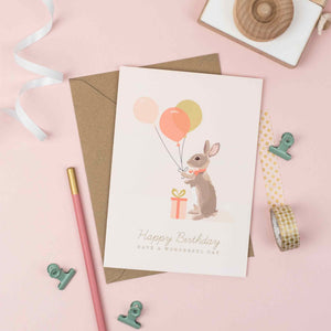 Rabbit with colourful ballons, Rabbit birthday card, childrens birthday cards.